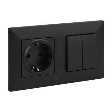Legrand - Interruptor duplo para escadas 6+6 e tomada doméstica SCHUKO com moldura NILOE STEP 250V preta