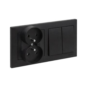 Legrand - Tomada dupla doméstica e interruptor em série duplo č. 5 com moldura SUNO 250V, preta