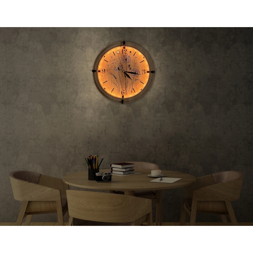 Li-Go 23688/DUB2 - Relógio LED regulável com sensor de movimento LED/5V 20000 mAh + 1xAA Ø 32 cm carvalho/Dente-de-leão