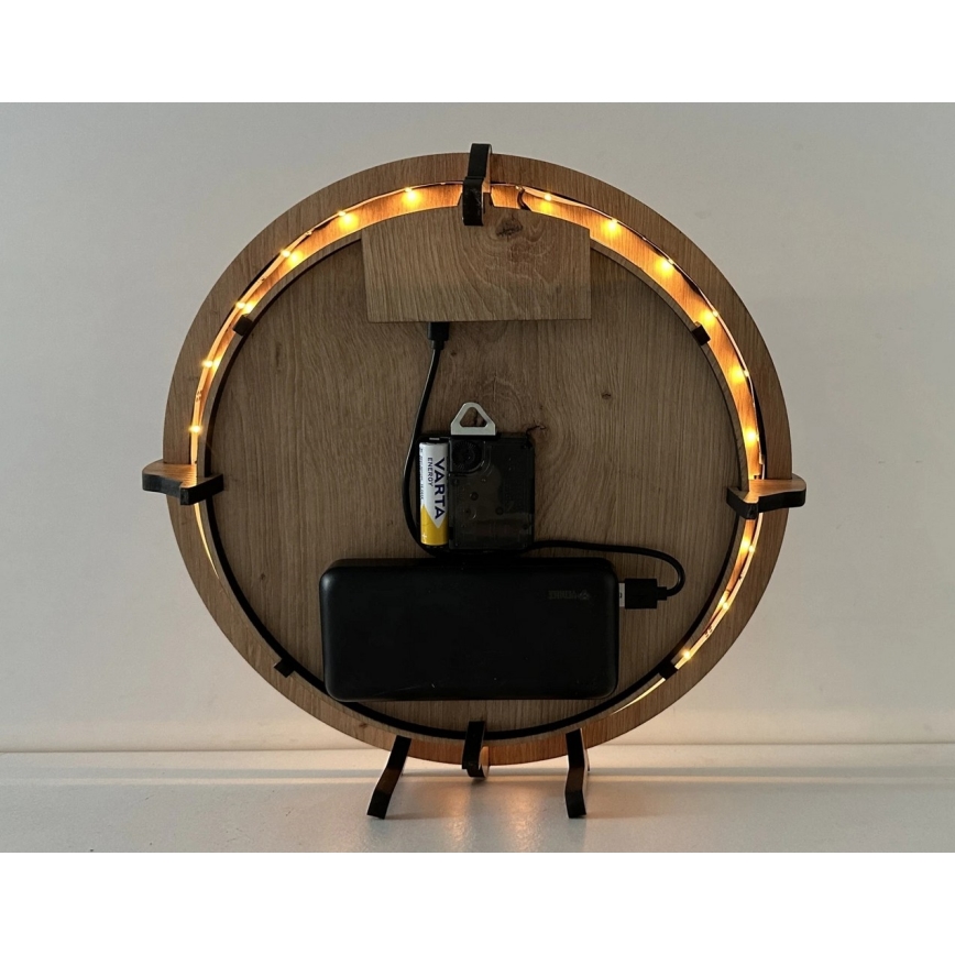 Li-Go 23688/DUB2 - Relógio LED regulável com sensor de movimento LED/5V 20000 mAh + 1xAA Ø 32 cm carvalho/Dente-de-leão