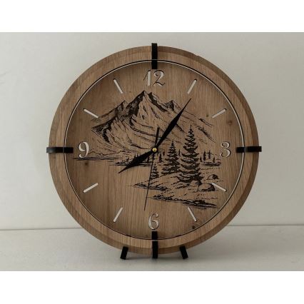 Li-Go 23697/DUB/BAT2 - Relógio LED dimerizável com sensor de movimento LED/10W/5V 20000 mAh + 1xAA Ø 32 cm carvalho/Montanhas