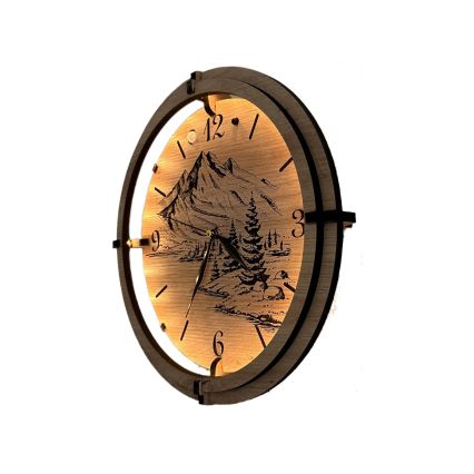 Li-Go 23697/DUB/BAT2 - Relógio LED dimerizável com sensor de movimento LED/10W/5V 20000 mAh + 1xAA Ø 32 cm carvalho/Montanhas