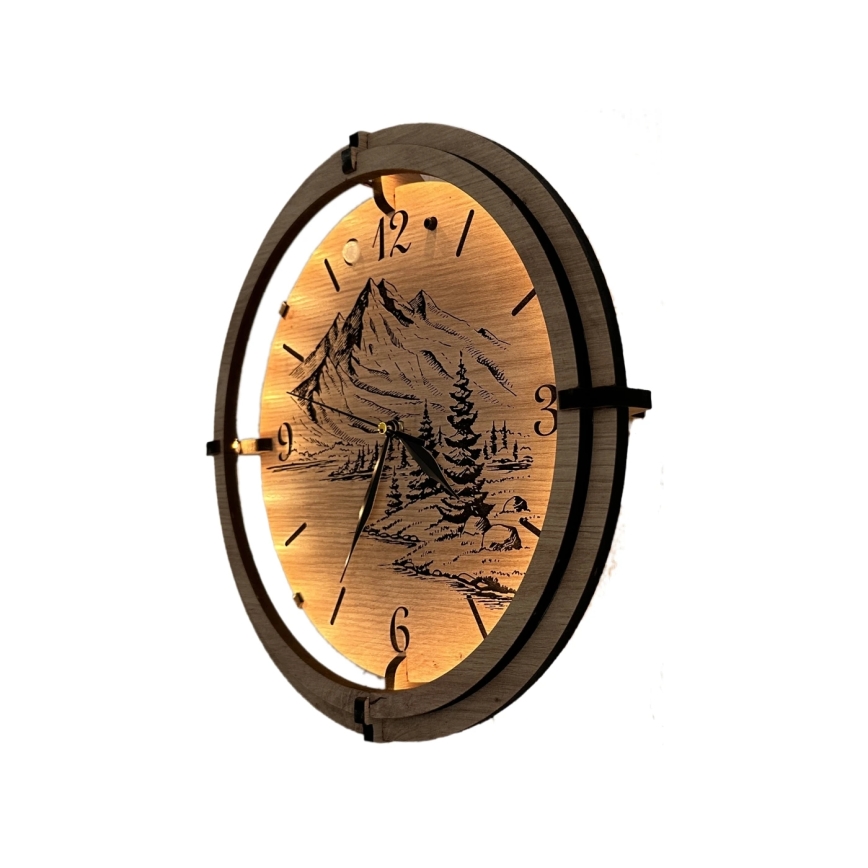 Li-Go 23697/DUB/BAT2 - Relógio LED dimerizável com sensor de movimento LED/10W/5V 20000 mAh + 1xAA Ø 32 cm carvalho/Montanhas