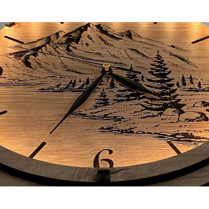 Li-Go 23697/DUB/BAT2 - Relógio LED dimerizável com sensor de movimento LED/10W/5V 20000 mAh + 1xAA Ø 32 cm carvalho/Montanhas