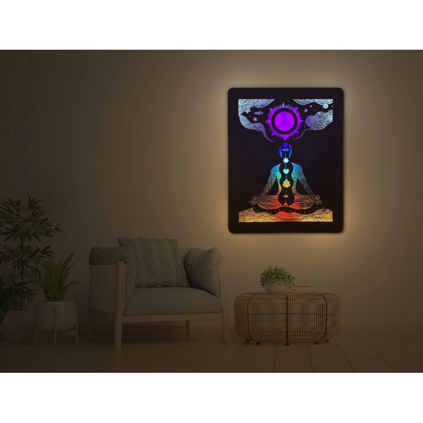 Li-Go 4421/A/4 - Decoração de parede LED dimerizável LED/10W/5V 30000 mAh 70x90 cm carvalho/chakras