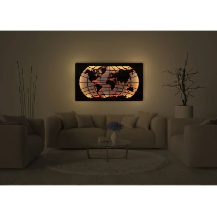 Li-Go 4709/DUB2 - Decoração de parede LED RGBW dimmerizável / 24W / 230V / 125x74 cm / Carvalho / Mapa-múndi (paralelos) + comando remoto