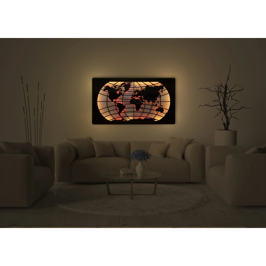 Li-Go 4709/DUB2 - Decoração de parede LED RGBW dimmerizável / 24W / 230V / 125x74 cm / Carvalho / Mapa-múndi (paralelos) + comando remoto