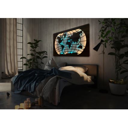 Li-Go 4709/DUB2 - Decoração de parede LED RGBW dimmerizável / 24W / 230V / 125x74 cm / Carvalho / Mapa-múndi (paralelos) + comando remoto