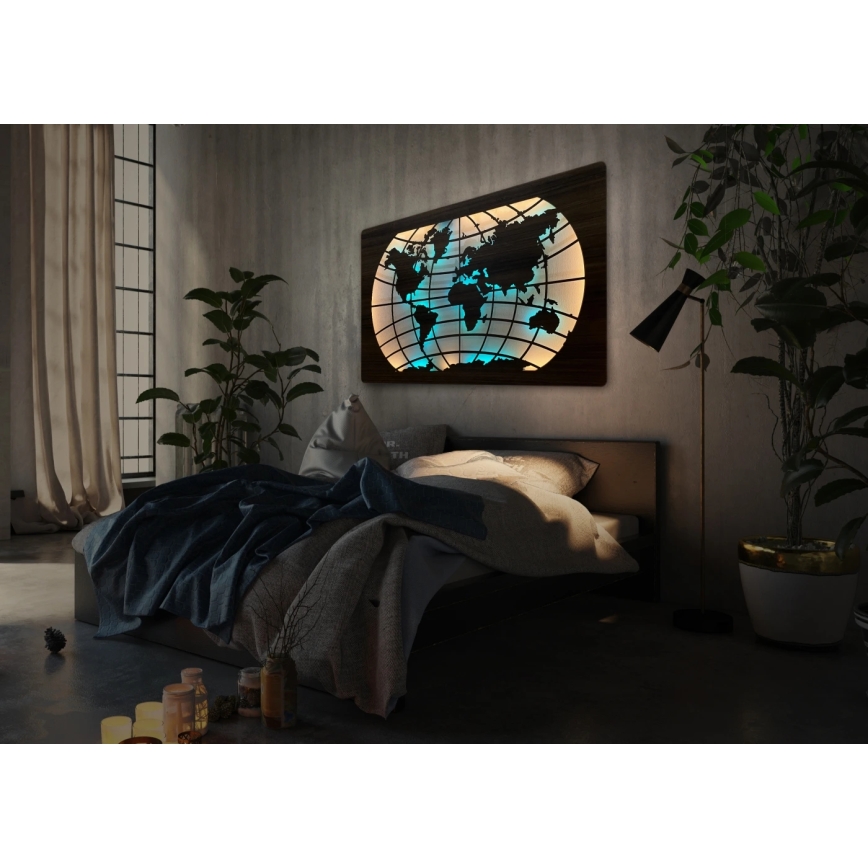Li-Go 4709/DUB2 - Decoração de parede LED RGBW dimmerizável / 24W / 230V / 125x74 cm / Carvalho / Mapa-múndi (paralelos) + comando remoto