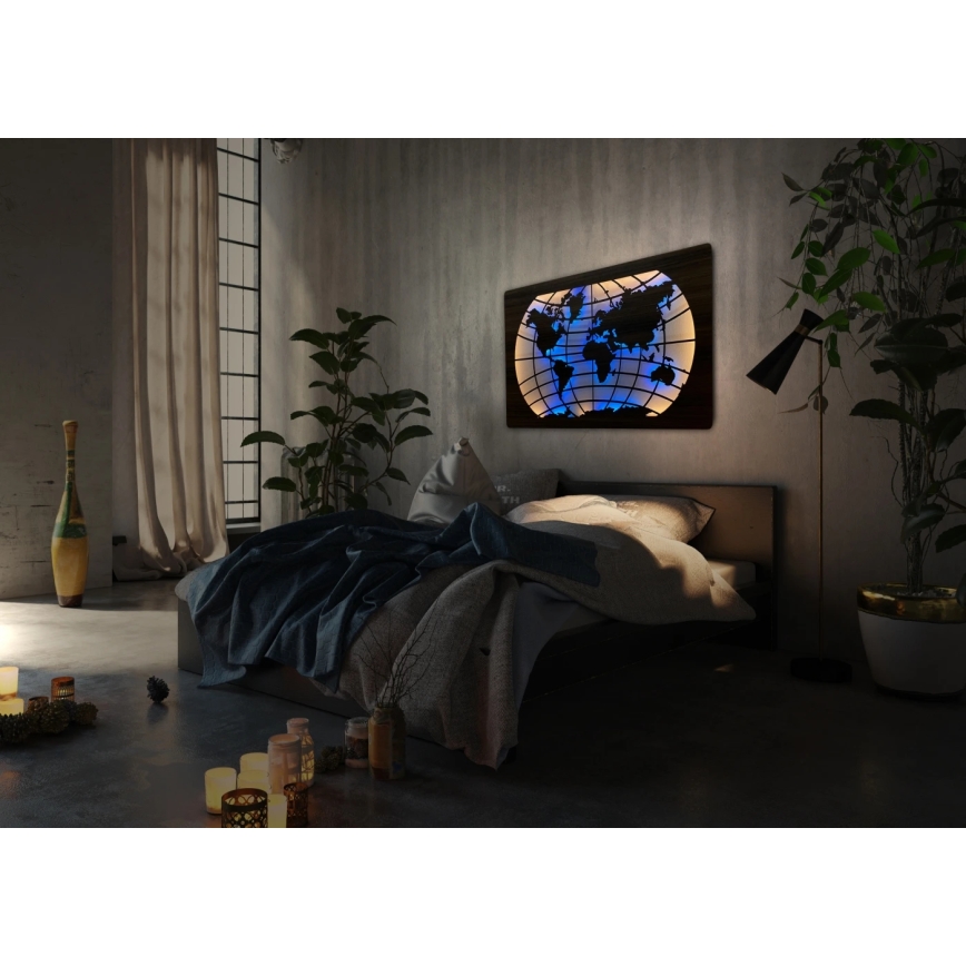 Li-Go 4709/DUB2 - Decoração de parede LED RGBW dimmerizável / 24W / 230V / 125x74 cm / Carvalho / Mapa-múndi (paralelos) + comando remoto