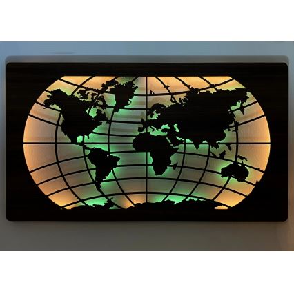 Li-Go 4709/DUB2 - Decoração de parede LED RGBW dimmerizável / 24W / 230V / 125x74 cm / Carvalho / Mapa-múndi (paralelos) + comando remoto