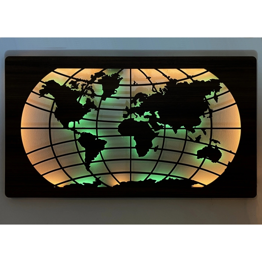 Li-Go 4709/DUB2 - Decoração de parede LED RGBW dimmerizável / 24W / 230V / 125x74 cm / Carvalho / Mapa-múndi (paralelos) + comando remoto