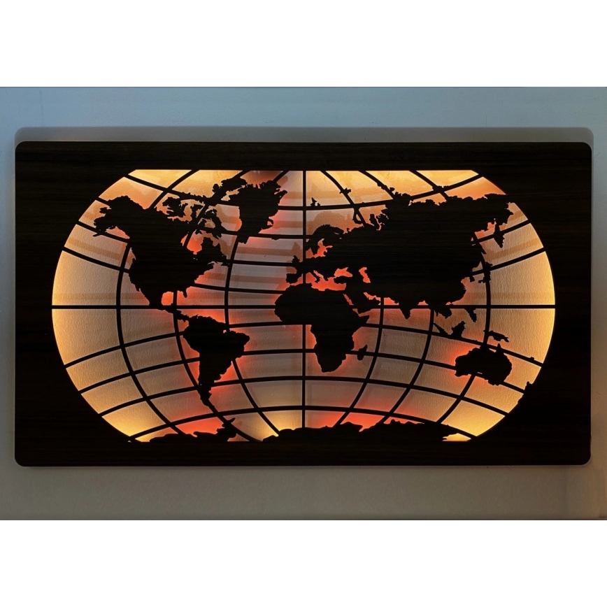 Li-Go 4709/DUB2 - Decoração de parede LED RGBW dimmerizável / 24W / 230V / 125x74 cm / Carvalho / Mapa-múndi (paralelos) + comando remoto