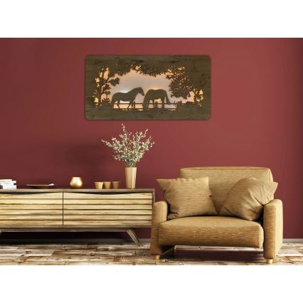 Li-Go 5012/B/4 - Decoração de parede LED regulável LED/10W/5V 30000 mAh 120x60 cm carvalho/Cavalos + controlo remoto