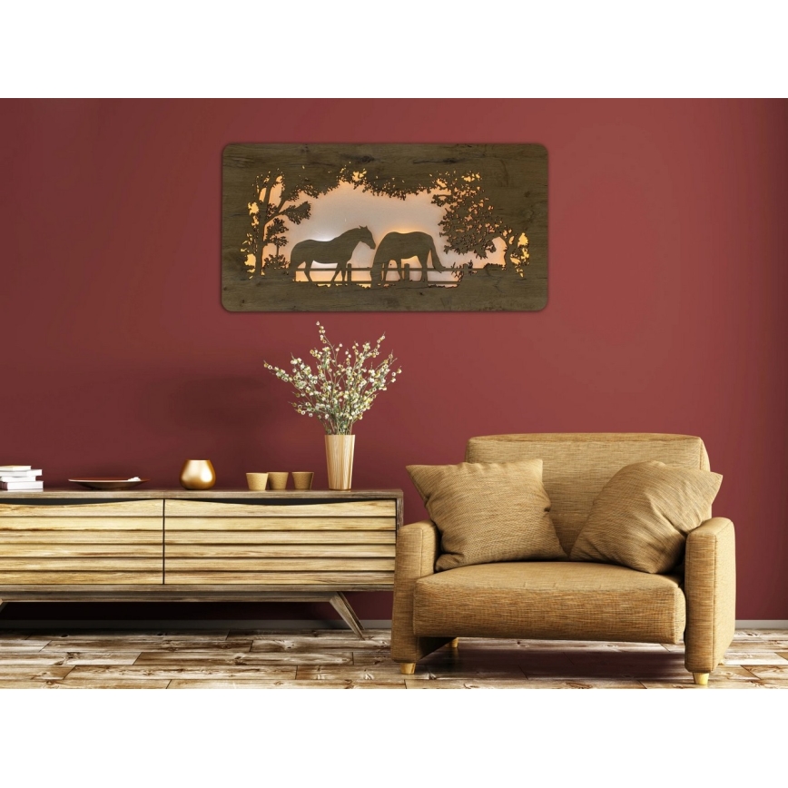 Li-Go 5012/B/4 - Decoração de parede LED regulável LED/10W/5V 30000 mAh 120x60 cm carvalho/Cavalos + controlo remoto