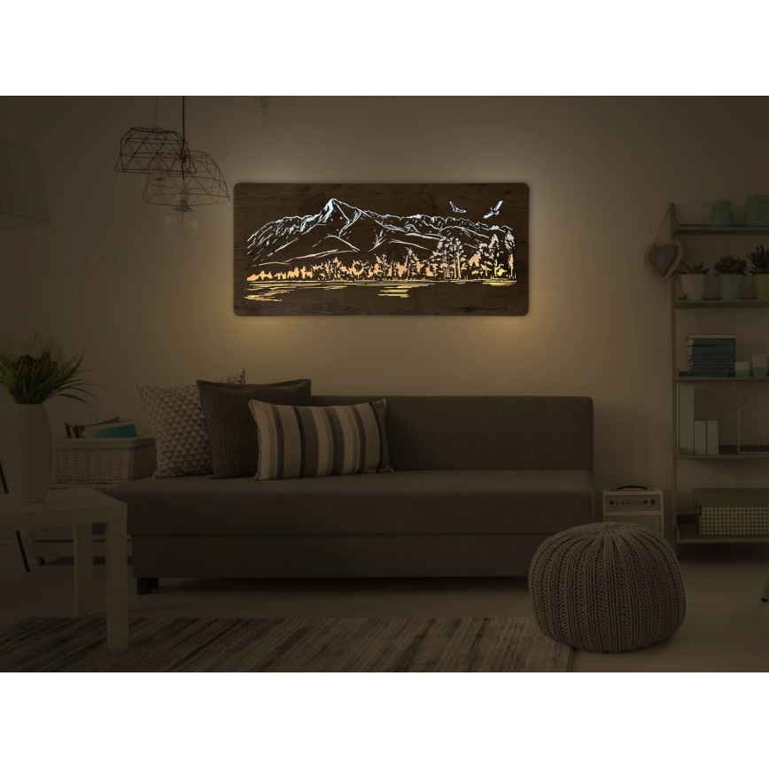 Li-Go 5589/A/DUB2 - Decoração de parede LED dimerizável LED/10W/5V 30000 mAh 110x50 cm carvalho/Montanhas com pássaros