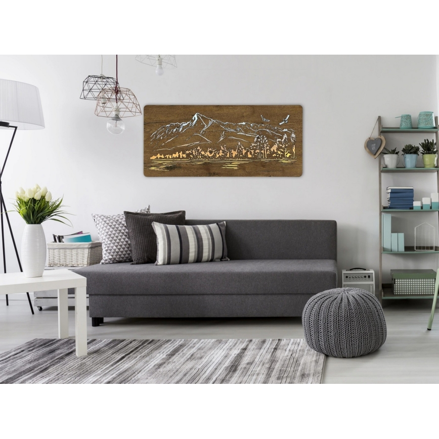 Li-Go 5589/A/DUB2 - Decoração de parede LED dimerizável LED/10W/5V 30000 mAh 110x50 cm carvalho/Montanhas com pássaros