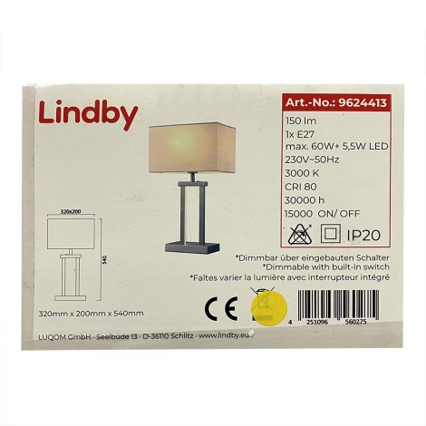 Lindby - Candeeiro de mesa LED com regulação SIGURD 1xE27/60W/230V + LED/5,5W
