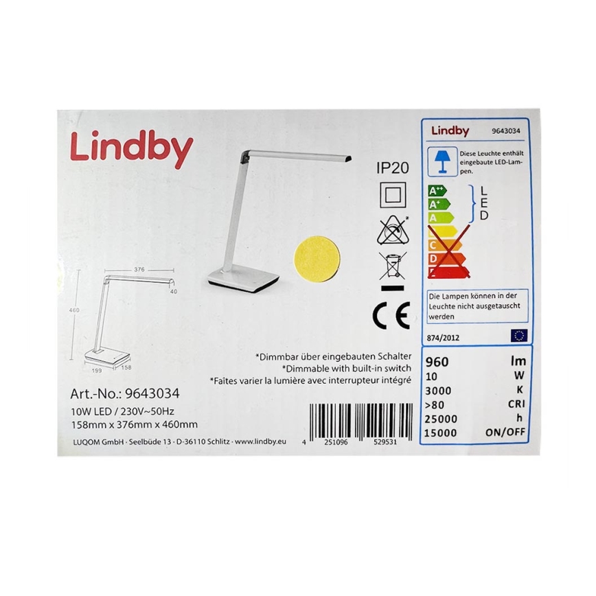 Lindby - Candeeiro de mesa táctil LED com regulação KUNO LED/10W/230V + USB