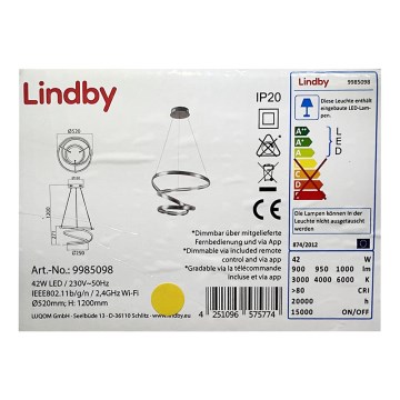 Lindby - Candelabro suspenso LED com regulação VERIO LED/230V + controlo remoto