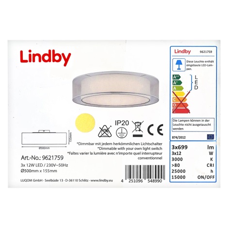 Lindby - Iluminação de teto LED com regulação AMON 3xLED/12W/230V