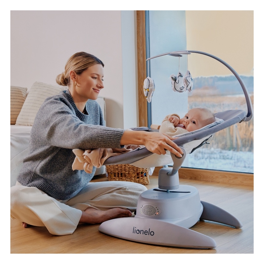 Lionelo - Baloiço infantil com melodia MELL Grey Stone 4x pilhas AA + controlo remoto