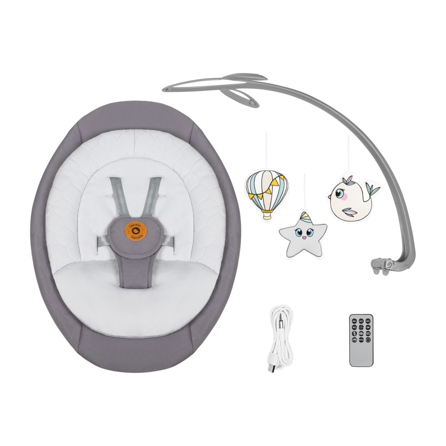 Lionelo - Baloiço infantil com melodia MELL Grey Stone 4x pilhas AA + controlo remoto