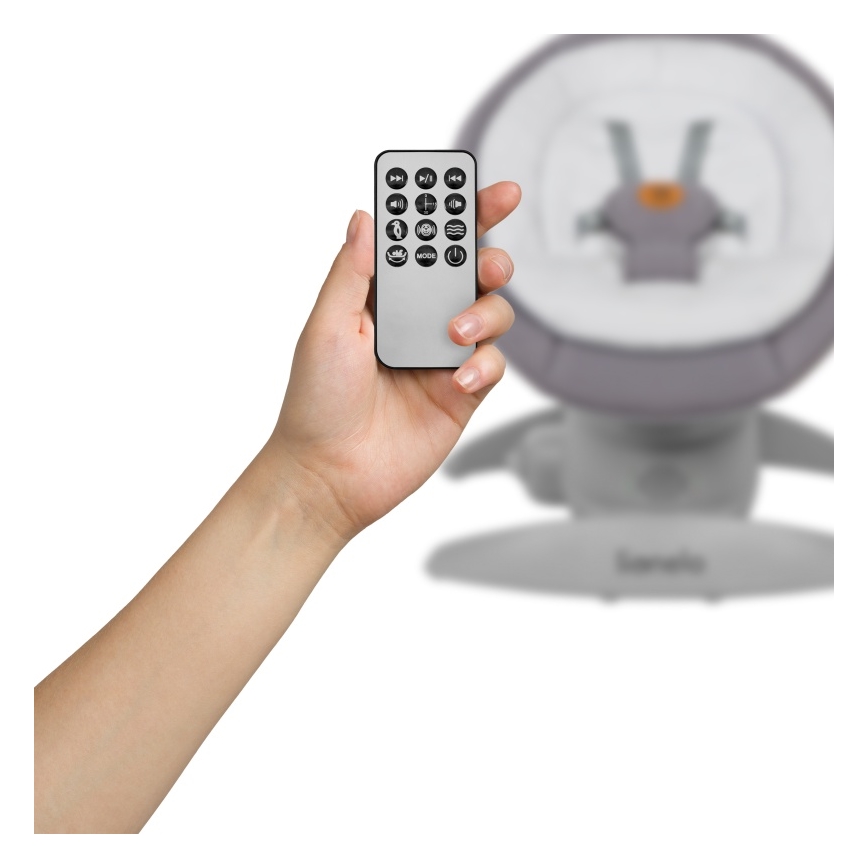 Lionelo - Baloiço infantil com melodia MELL Grey Stone 4x pilhas AA + controlo remoto