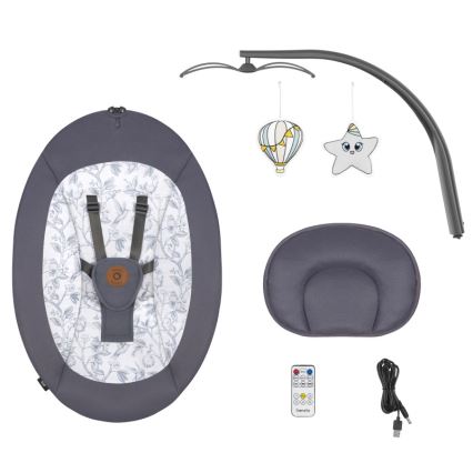 Lionelo - Baloiço infantil com melodia RALF 4xAA Cinzento e Branco + controlo remoto