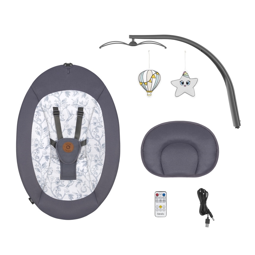 Lionelo - Baloiço infantil com melodia RALF 4xAA Cinzento e Branco + controlo remoto