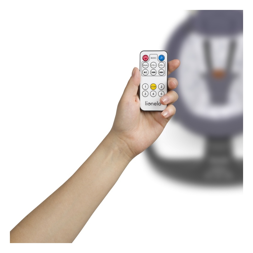 Lionelo - Baloiço infantil com melodia RALF 4xAA Cinzento e Branco + controlo remoto