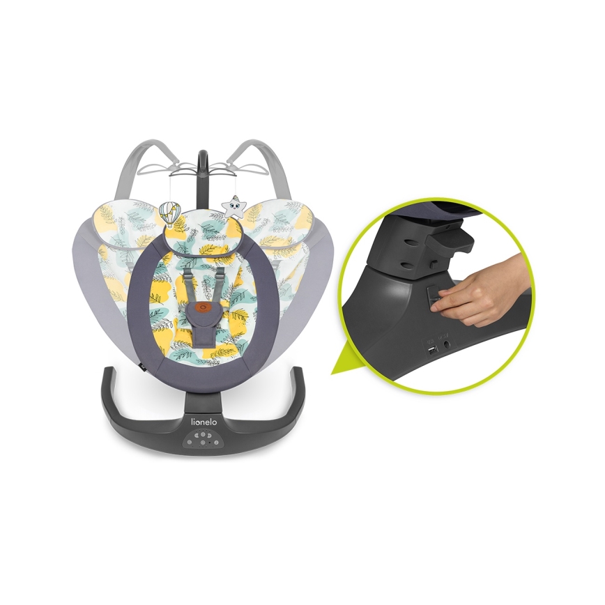 Lionelo - Baloiço para bebé com melodia RALF 4xAA Cinzento Concreto + comando à distância