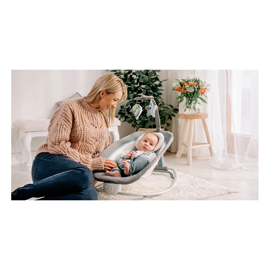 Lionelo - Baloiço vibratório infantil com melodia PASCAL 2xAA cinzento/turquesa