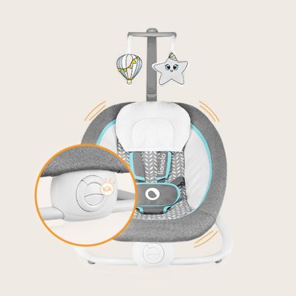 Lionelo - Baloiço vibratório infantil com melodia PASCAL 2xAA cinzento/turquesa