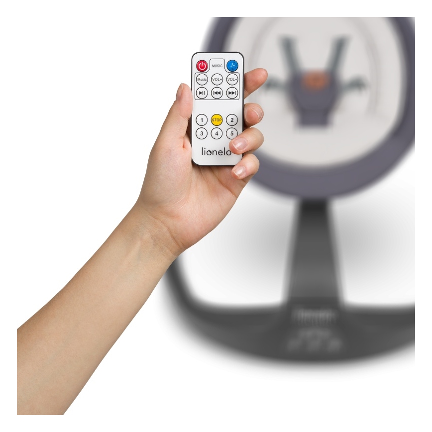 Lionelo - Cadeira de balanço para bebé RINA com melodia, 4x pilhas AA, Cinzento Betão + controlo remoto