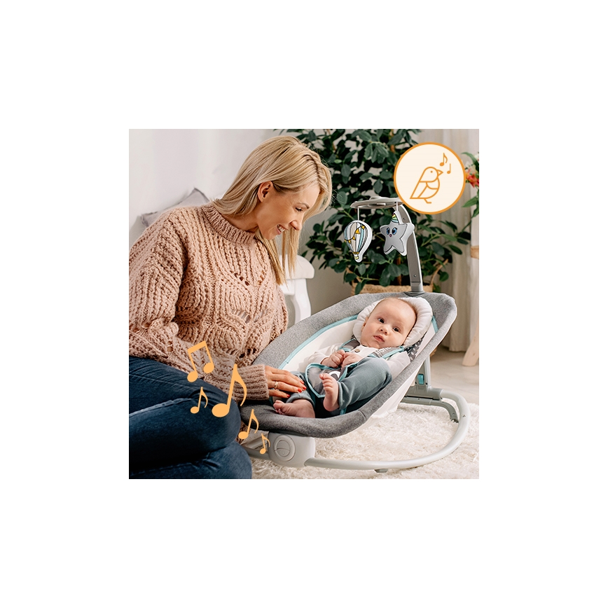 Lionelo - Espreguiçadeira vibratória para bebé com uma melodia PASCAL 2xAA cinzento/turquesa