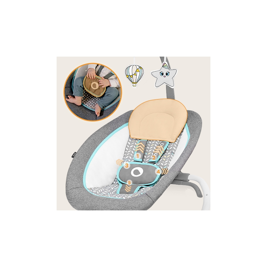 Lionelo - Espreguiçadeira vibratória para bebé com uma melodia PASCAL 2xAA cinzento/turquesa