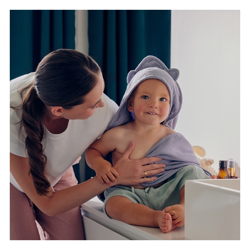 Lionelo - Toalha com capuz para bebé MUSLIN HOODED TOWEL Céu Cinzento