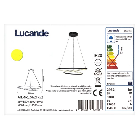Lucande - Candelabro suspenso LED com regulação MIRASU LED/58W/230V