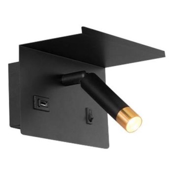 Luminária de parede com foco, prateleira e carregador USB 1xG9/35W/230V preto/dourado