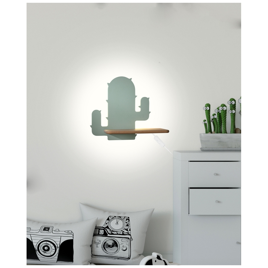 Luminária de parede infantil LED com prateleira CACTUS LED/4W/230V verde/madeira,