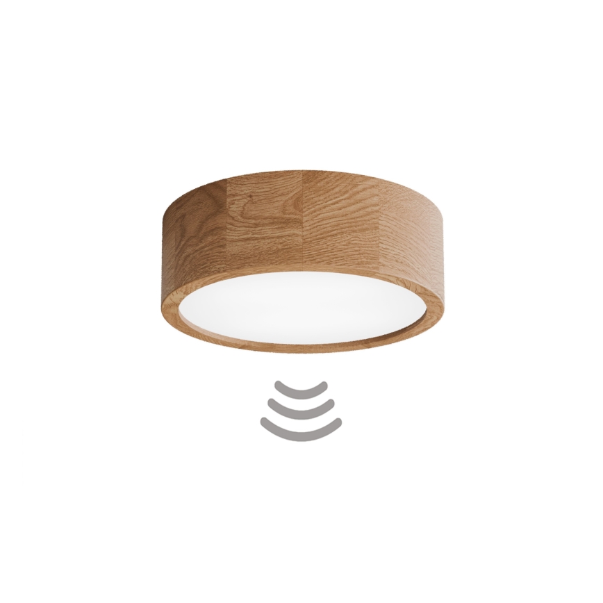 Luminária de teto CLEO com sensor de movimento e crepúsculo, 2xE27/24W/230V, Ø 27,5 cm, acabamento carvalho