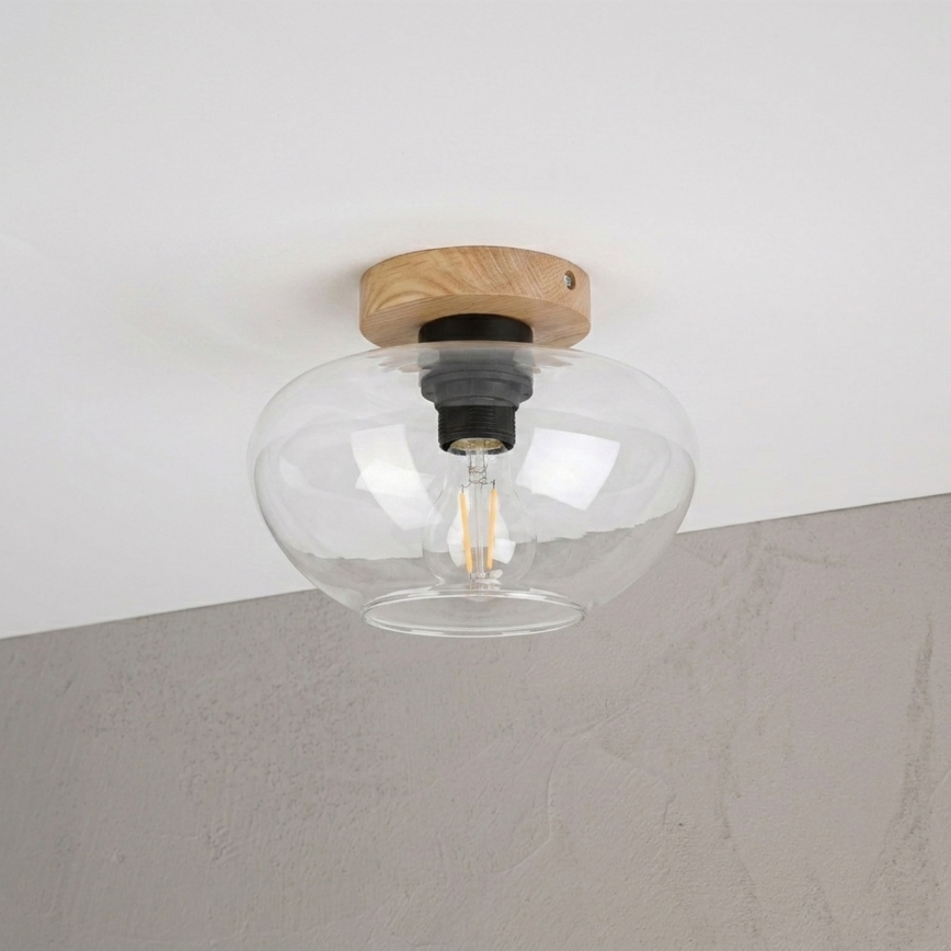 Luminária de teto FLO WOOD 1xE27/15W/230V carvalho/vidro transparente Ø 22 cm