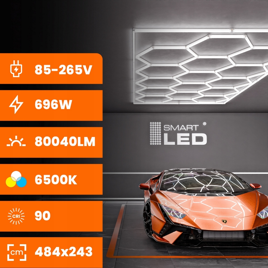 Luminária de teto LED HEXAGON LED/696W/85-265V 6500K 484x243 cm CRI 90 IP44 branca