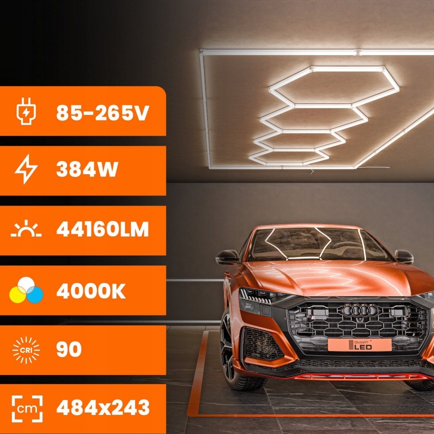Luminária de teto LED HEXAGON LED/426W/85-265V 4000K 484x243 cm CRI 90 IP44 branca