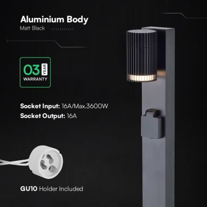 Luminária exterior com tomada SCHUKO 1xGU10/10W/230V IP44 80 cm preta