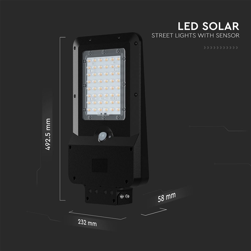 Luminária LED solar de rua com sensor, 20W, 7,4V, IP65, 5400 mAh