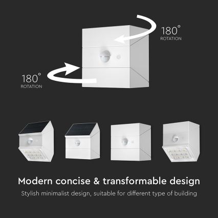 Aplique solar de parede com sensor LED/2,5W/3,7V 3000/4000/6000K IP65 1200 mAh branco