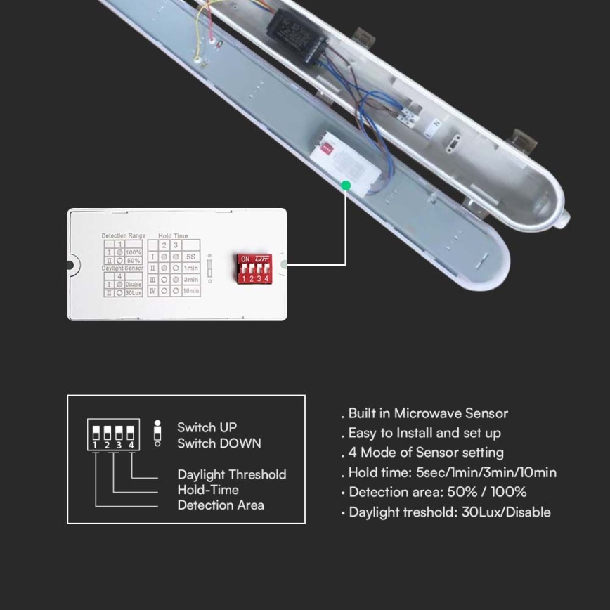 Luminária técnica tubular LED com sensor de movimento e sensor crepuscular LED/36W/230V 6500K IP65 120 cm
