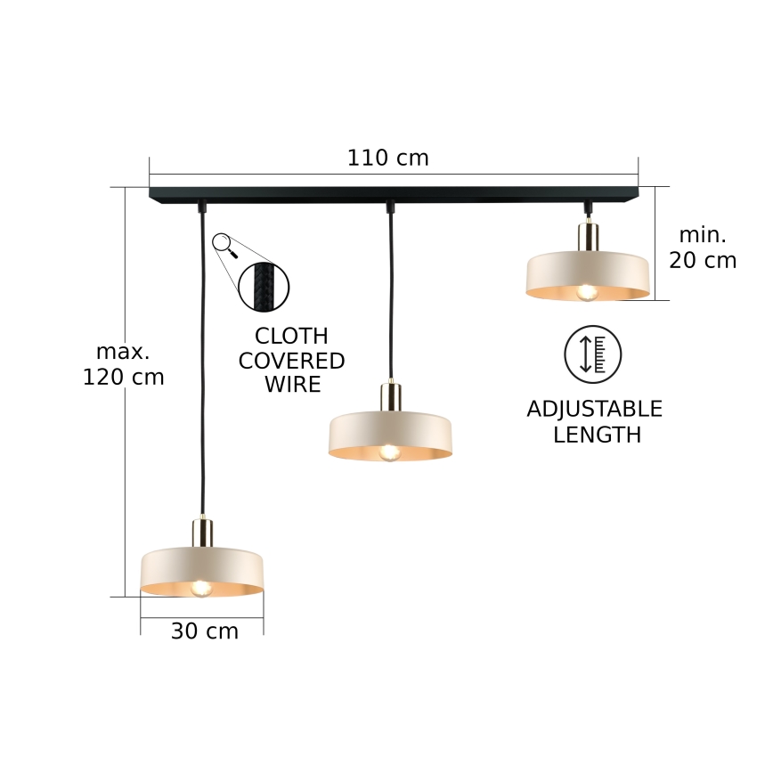 Lustre com cabo LATTE 3xE27/60W/230V bege/preto/dourado